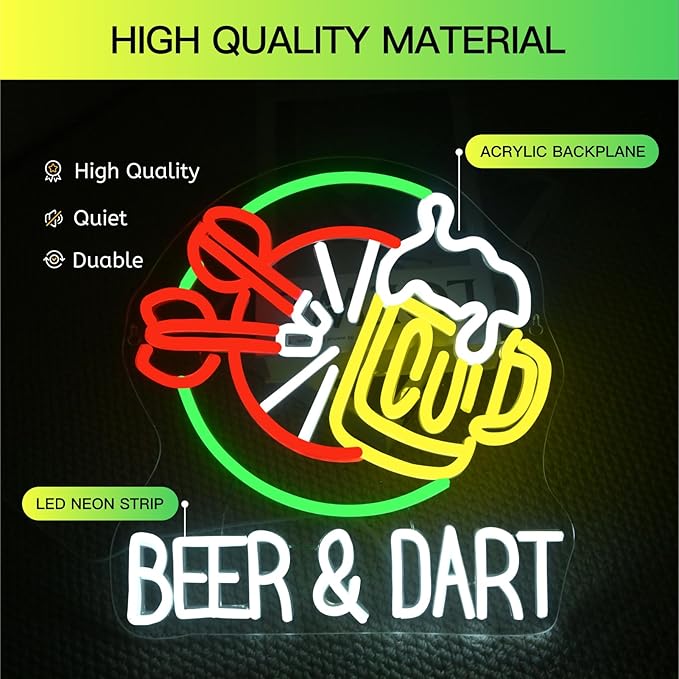 Beer & Dart Neon Sign – Fun Bar Wall Light with Dartboard and Beer Mug Design LED Decor for Game Room, Pub, or Man Cave, USB Powered, 5V/2A，Dimmable