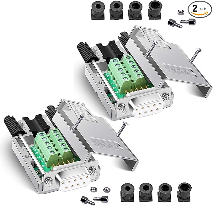 2PCS DB9 Breakout Connector, Solderless Metal Shell RS232 D-SUB Serial to 9-Pin Port Terminal Female Adapter Connector Breakout Board with Case