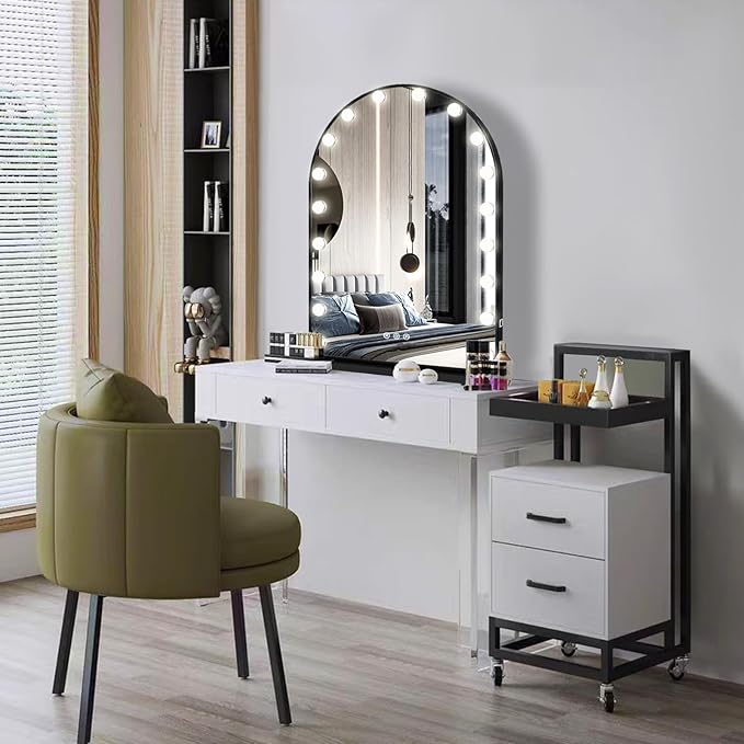 Hollywood Arch Black Vanity Makeup Mirror with Lights 18 Bulbs Dimmable 3Color Black Lighted Vanity Mirror for TableTop Wall Detachable Base X10 Magnifying Arch Makeup Desk Mirror with Lights