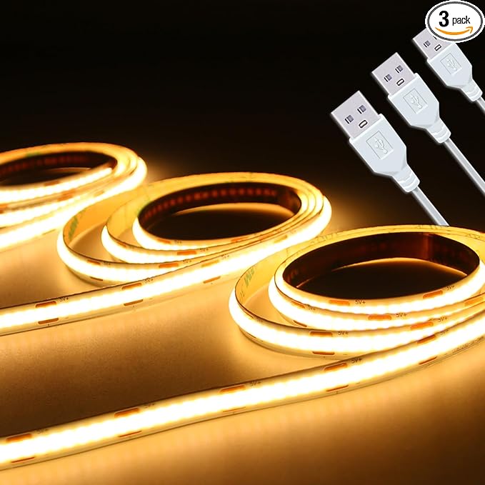 Led Strip Lights 5V USB Short COB LED Strip Light 3Pack 3000K Warm White Small Flexible Not Dimmable USB led Lights for Indoor Home DIY Lighting Room Decor 5V LED TV Lights (3.28FT/1M*3)