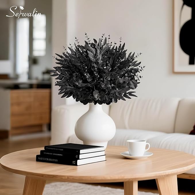 Serwalin 100pcs Artificial Mixed Eucalyptus Stems Leaves Bulk, 4 Kinds Fake Black Grennery Silver Dollar Eucalyptus Stems Picks,Faux Black Leaves Sprays for DIY Bouquets Floral Arrangement Home Decor