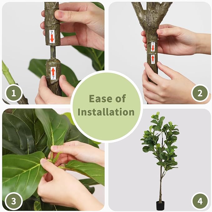 Faux Fiddle Leaf Fig Tree 6ft(74in) Artificial Floor Plant for Indoor Decor Realistic Potted Tree with Texture Silk Leaves and Natural Wood Trunk for Home Living Room,Office Perfect Housewarming Gift
