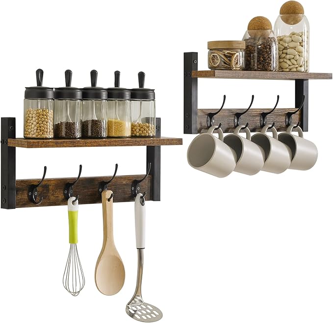 YMYNY Coat Rack Shelf Wall Mounted, Coat Hooks Set of 2, Entryway Coat Hanger with 8 Hooks, 31.5" Wall Floating Shelf with Hat Rack, for Kitchen, Bedroom, Bathroom, Rustic Brown UHWS001H-2