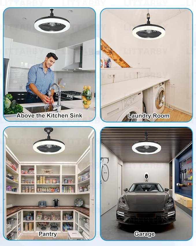 Socket Fan Light with Remote Control, 3 Colors 3000K-6500K Dimmable LED Light Bulb Fan Screw in Ceiling Fan for Bedroom, Kitchen, Storage Room, Closet, Wireless Small Ceiling Fans with Lights - Black