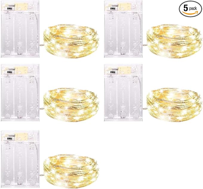 Minetom Fairy Lights Battery Operated, 5 Pack 7 FT 20 LED Fairy Lights with Timer, String Light Battery Powered, Silver Wire Christmas Light for Bedroom Party Wedding Decorations, Warm White
