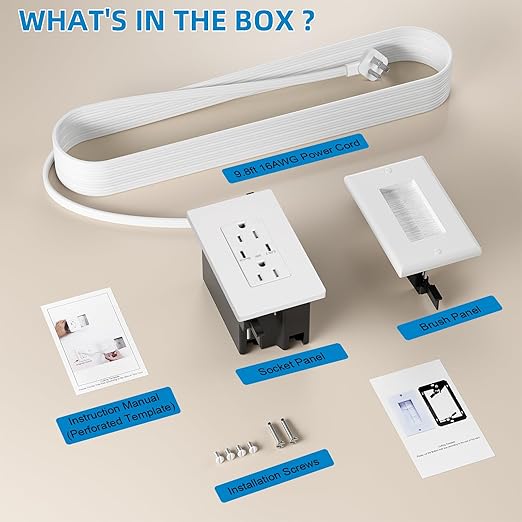 in Wall Cable Management Kit, 2 AC & 2 USB-C Ports Recessed Outlet Box for Wall Mount TV,Recessed Power Box with 9.8ft Extender for Unreachable Outlets,Hide TV Cords & Cables