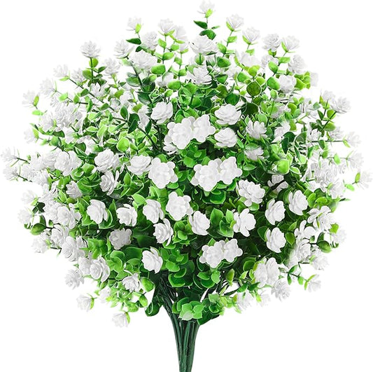 GREENRAIN Artificial Flowers Outdoor Fake Flowers for Decoration UV Resistant No Fade Faux Plastic Plants Garden Porch Window Box Décor (6 Bundles, 4#White)