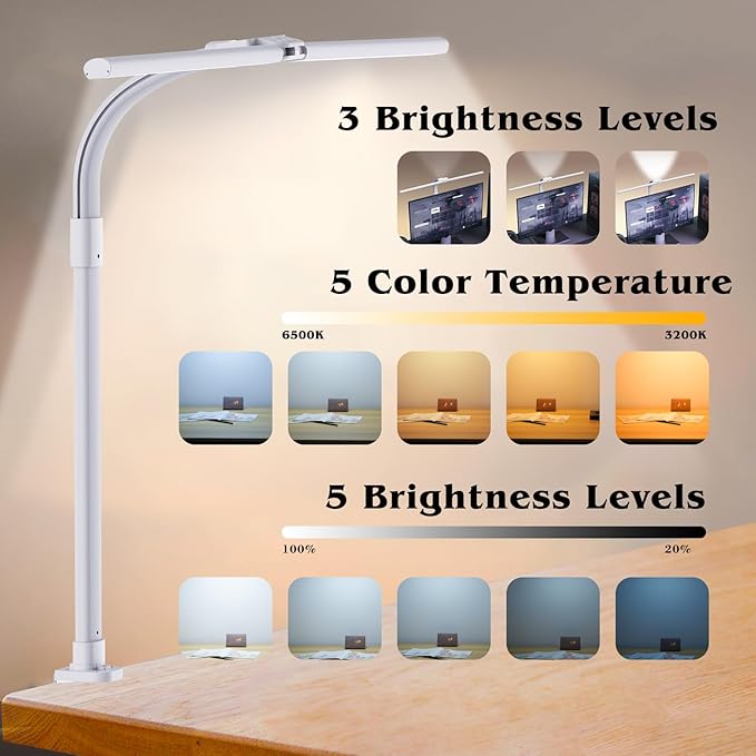 Led Desk Lamp for Home Office,24W Bright Eye-Caring Desk Light with Clamp,5 brightness and 5 temperatures Dimmable Workbench Task Light, Adjustable Gooseneck Table Lamp for Monitor Study(white)