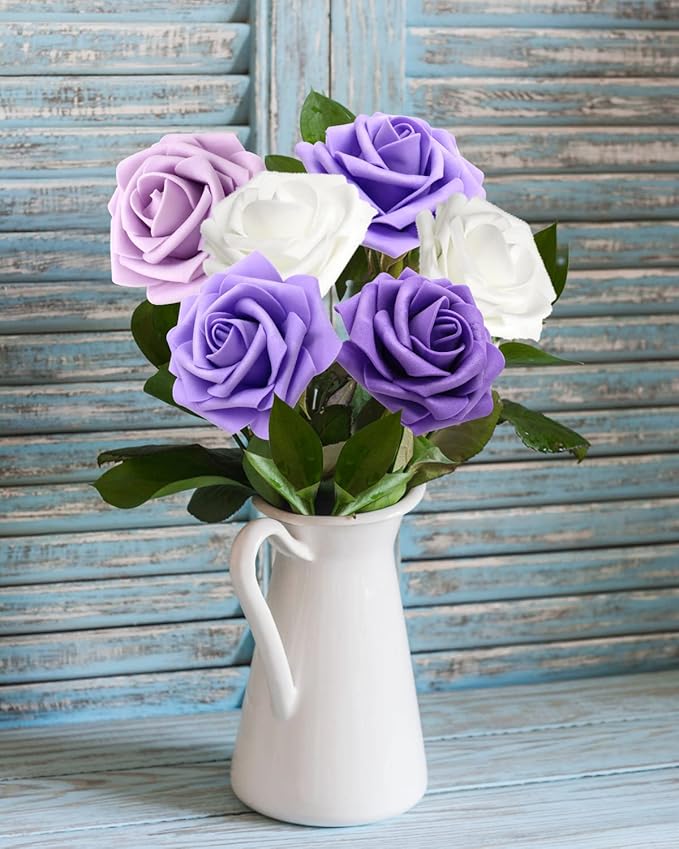 JOYLEX Artificial Flowers Realistic Roses, 100pcs Real Looking Fake Roses with Stem for DIY Wedding Bouquets Centerpieces Bridal Shower Party Home Romantic Decorations (Shades of Purple)