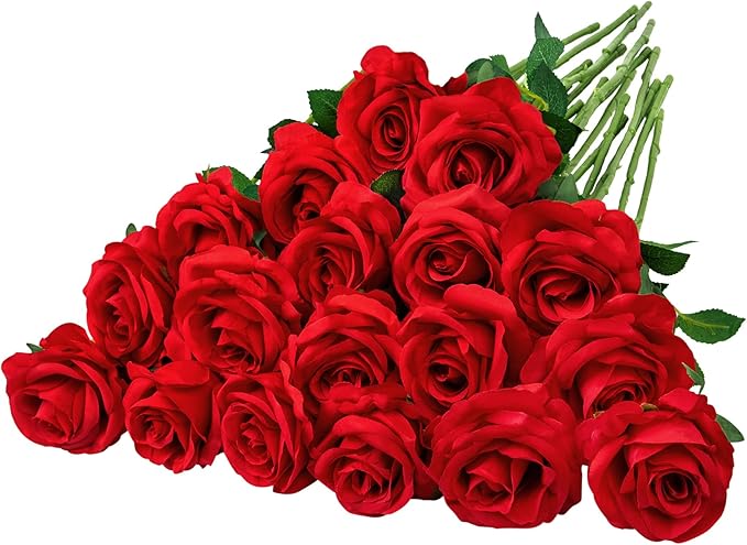Ouddy Decor 20 Pcs Red Roses Artificial Silk Flowers Fake Roses Bouquet with Long Stems for Valentines Day Decor Wedding Home Party Table Centerpieces Bridal Bouquet DIY Floral Arrangment, Red