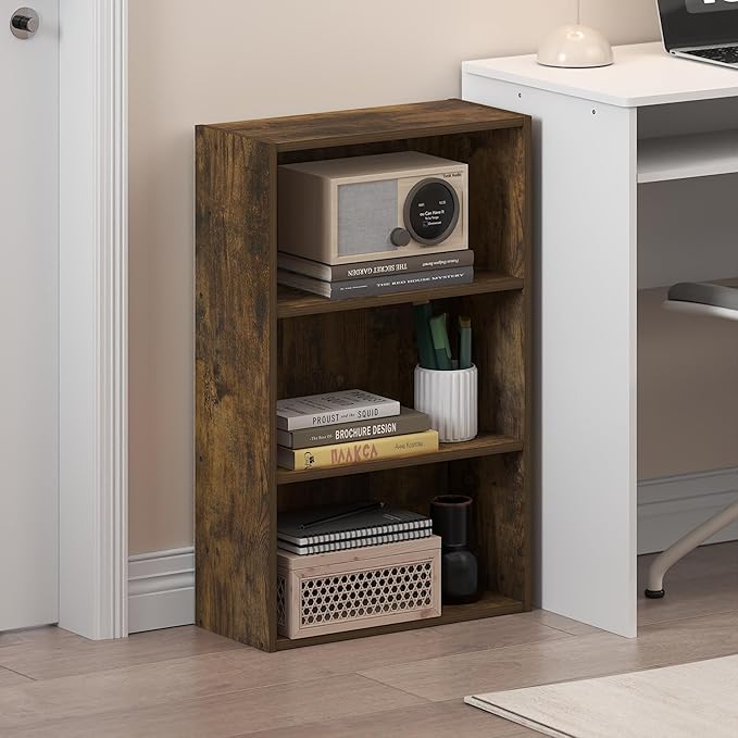 Furinno Basic Book Shelf, 3-Tier Bookshelf, Cube Storage Organizer Bookcase with Open Shelf, 7 x 17 x 26, for Living Room, Bedroom, Home Office, Amber Pine