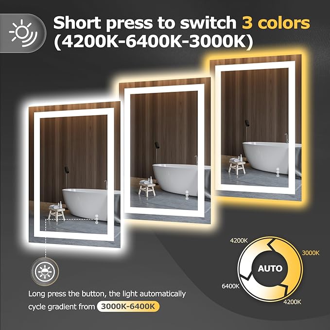 24X36 LED Bathroom Mirror with Lights, Anti-Fog, Dimmable, Backlit + Front Lit, Smart Bathroom Vanity Mirror, Memory Function, Shatterproof, Tempered Glass (Horizontal/Vertical)