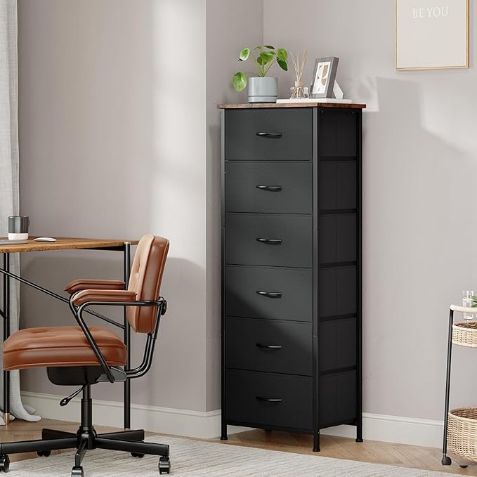 Somdot Tall Dresser for Bedroom with 6 Drawers, Storage Organizer Chest of Drawers with Removable Fabric Bins for Closet Bedside Living Room Laundry Entryway Hallway, Black Rustic Brown