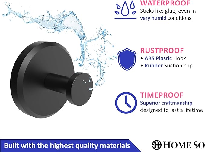 HOME SO Suction Cup Hooks for Shower, Bathroom, Kitchen, Glass Door, Mirror, Tile – Loofah, Towel, Coat, Bath Robe Hook Holder for Hanging up to 15 lbs – Waterproof & Rustproof, Matte Black (4-Pack)