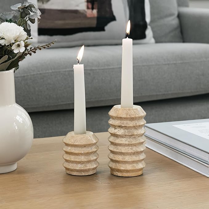 WORHE Candle Holders Italy True Natural Travertine Stone 0.4" Thick Set of 2 Marble Candlestick Holder for Christmas Wedding Dinning Party Candlestick Stand for 3/4 inch Candles Light Brown (WH034)