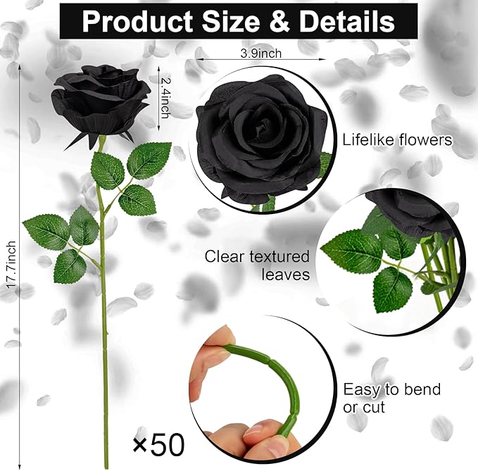 Ouddy Decor 50 Pcs Artificial Black Roses Bulk Realistic Fake Silk Flowers with Long Stems for Fall Halloween Wedding Bridal Bouquet DIY Table Centerpieces Arrangement Valentines Home Decor