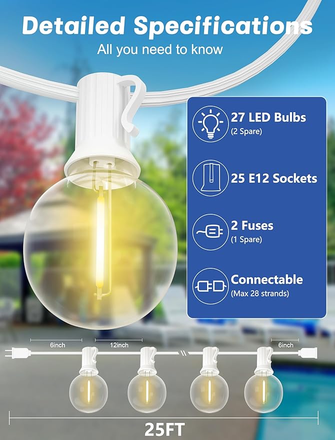 SUNSGNE 25FT G40 LED White Outdoor String Lights, White Patio Lights with 25 Shatterproof LED Clear Globe Bulbs for Patio Garden Porch Pergola Bistro Outside Decor