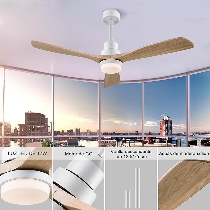 BOJUE 60 Inch Ceiling Fans with Lights and Remote Control, Dimmable LED Light, Indoor Outdoor Wood Ceiling Fan with 3 Blades for Patio, Living Room, Bedroom, Office, Summer House