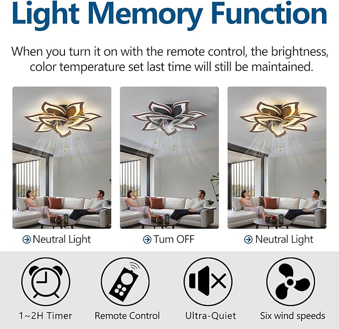 Modern Ceiling Fan with Lights Remote Control, 32" Wood Ceiling Fan with Light, 6 Speeds 3 Light Color Low Profile Flush Mount Ceiling Fan for Kitchen Bedroom