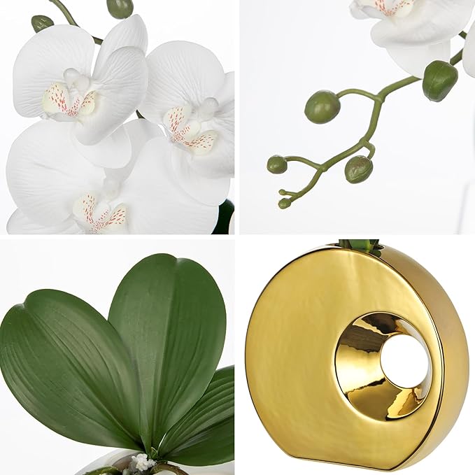 Briful Artificial Orchid Flowers in Gold Pot 15.7" Tall White Faux Orchid Arrangement Silk Orchid Flower Fake Orchids Centerpiece for Home Office Room Wedding Table Décor