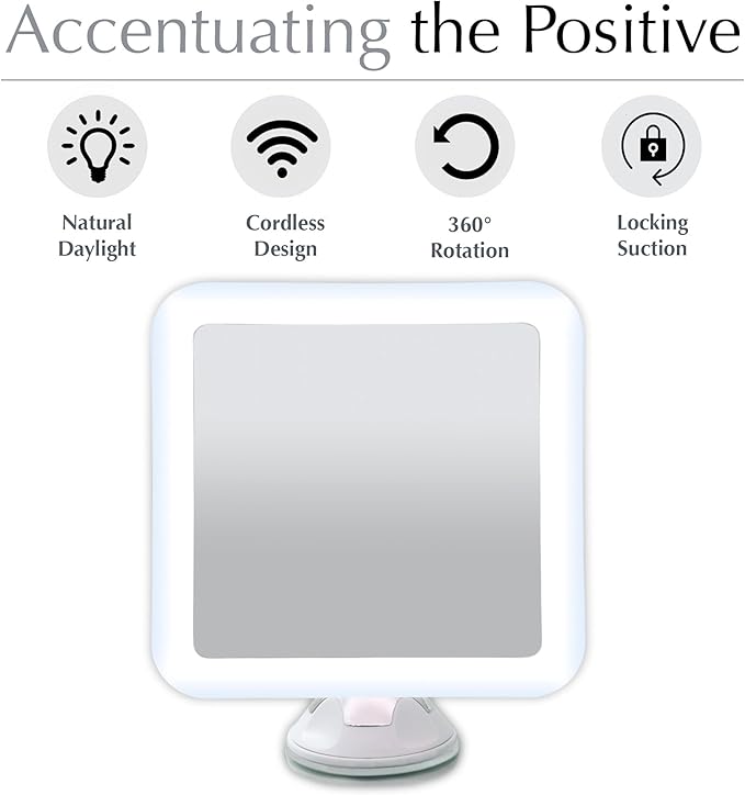Fancii 10X Magnifying Lighted Makeup Mirror - Daylight LED Vanity Mirror - Compact, Cordless, Locking Suction, 6.5" Wide, 360 Rotation, Portable Illuminated Bathroom Mirror (Square)