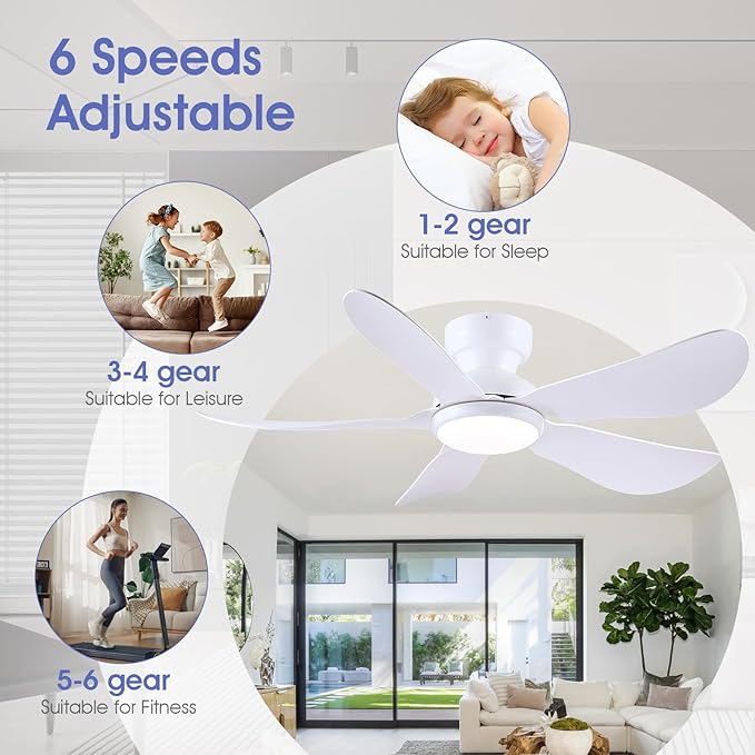 46 Inch Modern Ceiling Fans with Lights, Flush Mount Ceiling Fan with Light and Remote/APP Control, 5 Reversible 6 Speeds Curved Blades, 3 CCT Dimmable Lights for Bedroom, White