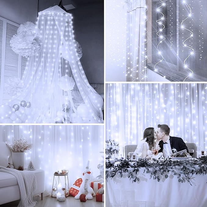Minetom Curtain Lights, 300 LED Dimmable Fairy Lights with Remote and Timer, 8 Modes, USB Powered String Lights for Room Wall Party Xmas Indoor Decor, Winter Wonderland Christmas Decorations