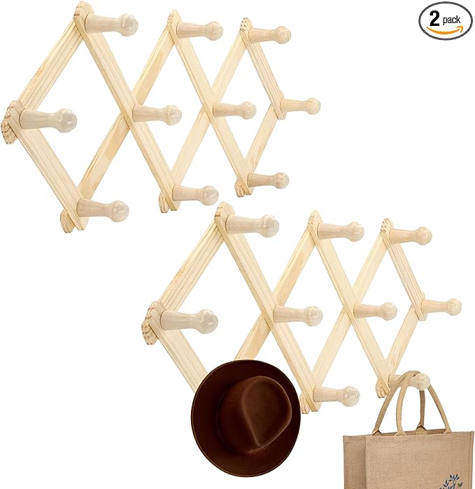 RAM-PRO Accordion Style Wood Expandable Rack Hat, Cap, Belt, Umbrella Coffee Mug Wall wooden Pegs (Set of 2)