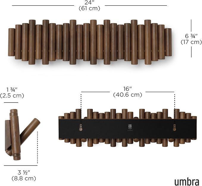 Umbra Picket Coat Rack with 8 Hooks – Walnut Wall-Mounted Coat Rack with Flip-Down Wooden Hooks, Real Pine Wood Decorative Wall Storage for Jackets, Hats, Scarves, Bags, Entryway, Bedroom Living Room