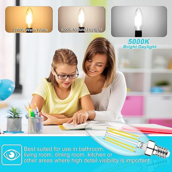 Cotanic Dimmable LED Candelabra Bulb with E12 Small Base, C35 Ceiling Fan Light Bulbs, 5000K, 4W, 60W Equivalent, 600LM, 12 Pack, Vintage Candle Lightbulb for Chandelier, Sconce, Porch Lights