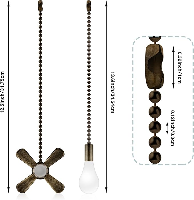 Ceiling Fan Pull Chains With Decorative, 2 Pieces Of Copper Ceiling Fan Chain Extenders 13.6 Inches Fit All Standard Ceiling Fans And Light Fixtures，Pull Chain Extension With Connector.