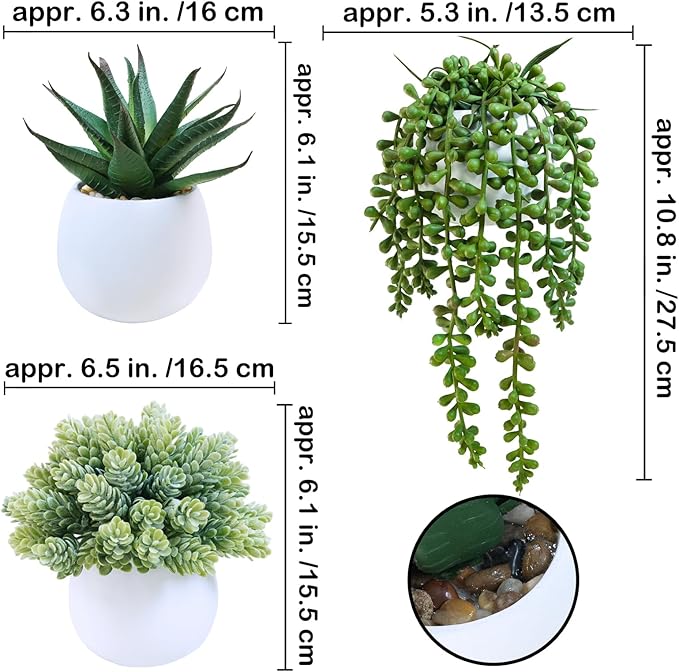 Winlyn Set of 3 Assorted Artificial Succulent Plants in White Concrete Pots Faux Aloe Hops String of Pearls Potted Plants Small Fake Plants for Home Garden Office Desk Counter Shelf Windowsill Decor