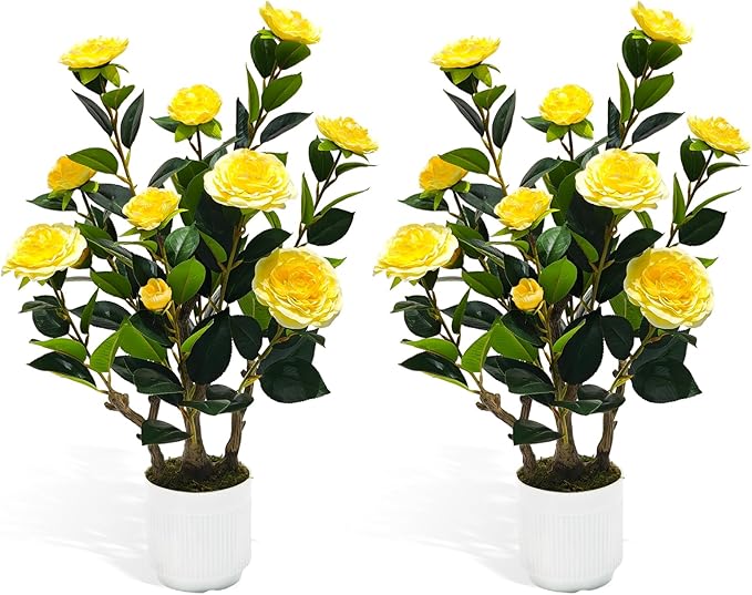 2Pack Artificial Camellia Tree, 2FT Fake Tree Blooming Camellia Flower Plant for Spring Home Front Door Outdoor Indoor Decoration,Yellow