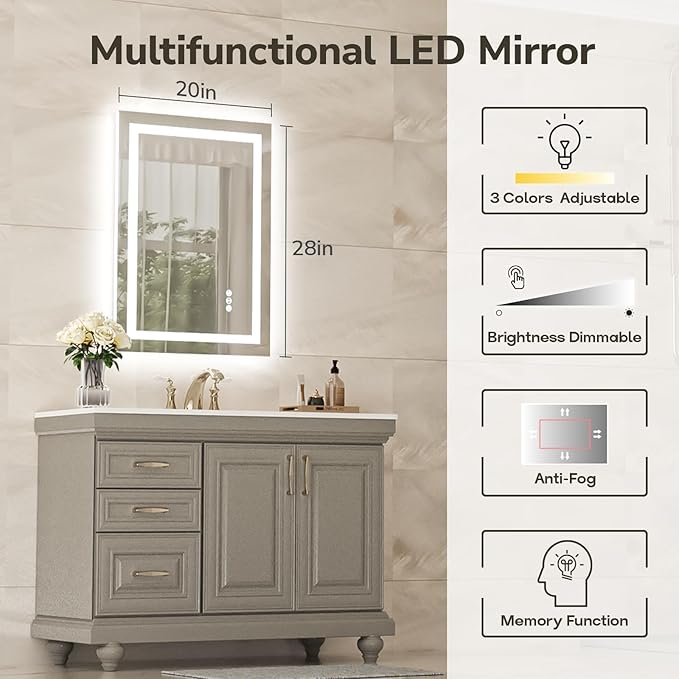 USHOWER LED Bathroom Mirror 20x28 Inch with Lights - Frameless Tempered Glass LED Backlit Lighted Mirror for Bathroom Vanity with Anti-Fog, 3 Colors Dimmable, Memory Function, Wall-Mounted