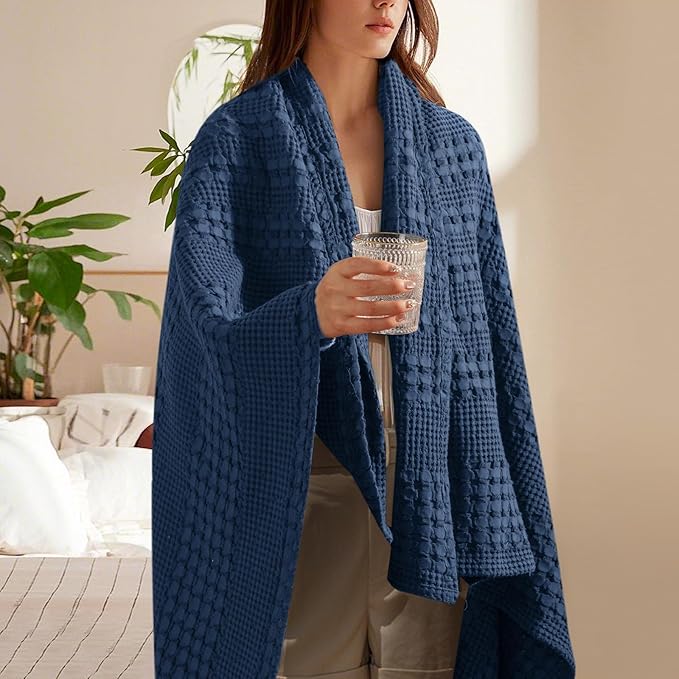 PHF 100% Cotton Waffle Weave Throw Blanket, Soft Lightweight Breathable Cozy Throws for Couch Bed Sofa, Luxury Aesthetic Woven Blanket for Home Decor & Office, 50"x60", Blue Sapphire