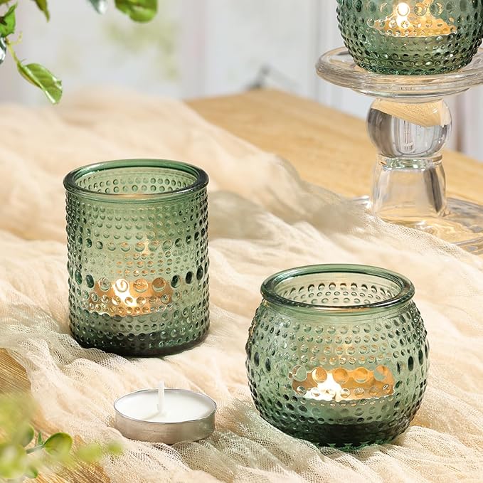 16 Pcs Assorted Green Votive Candle Holders- Glass Tealight Candle Holder for Wedding Table Decor, Green Candle Holders for Christmas, Vintage Party Table Decor