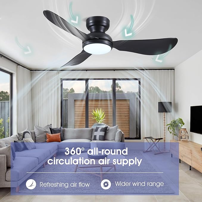 46 Inch Modern Ceiling Fans with Lights, Flush Mount Ceiling Fan with Remote/APP Control, 3 Reversible Curved Blades, 6 Speeds, 3 CCT Dimmable Lights for Bedroom Kitchen, Black