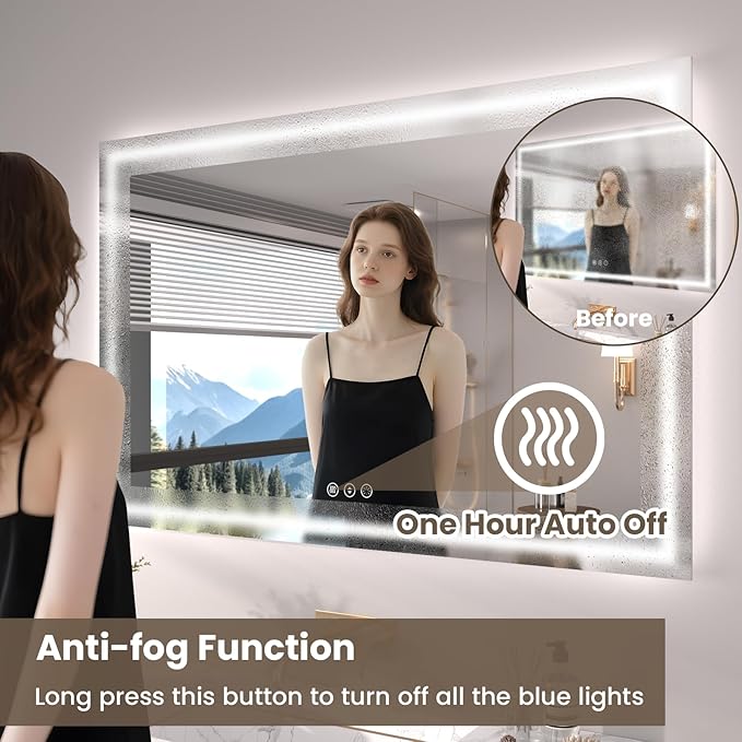 55"X30" LED Bathroom Mirror with Front Lights and Backlit, Anti-Fog, Dimmable, Shatter-Proof Tempered Glass, Lighted Bathroom Vanity Mirror for Wall with 3 Colors, Memory Function