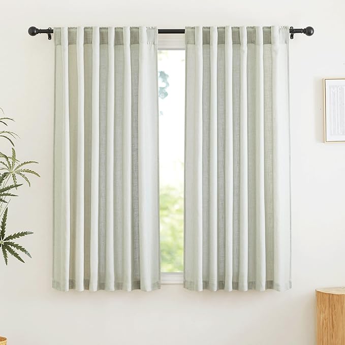 RYB HOME Semi Sheer Curtains - Linen Texture Farmhouse Sun Protection Semi Transparent Lightweight for Closet Laundry Room Bathroom, W 52 x L 45 inches, Sage Green, 2 Panels