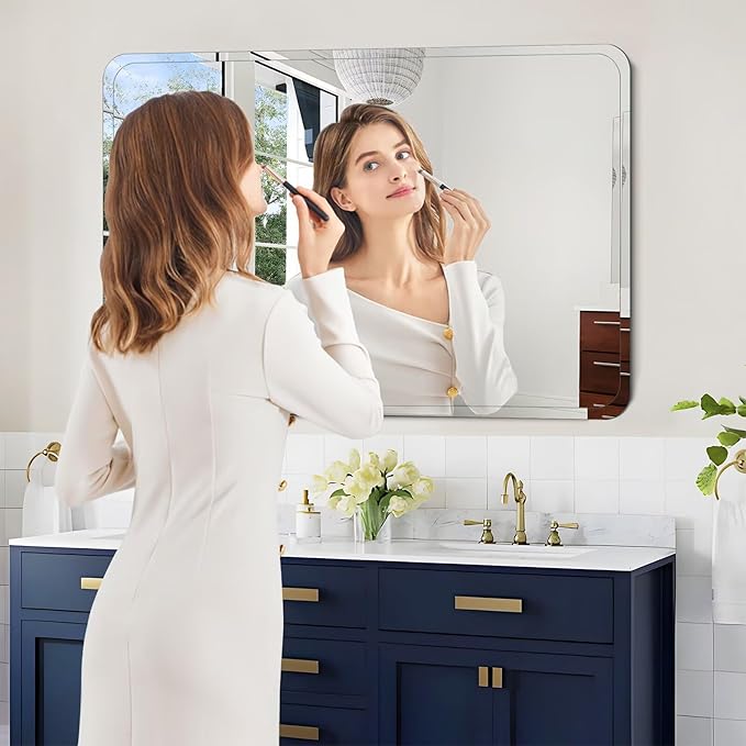 Frameless Bathroom Mirror for Over Sink,Wall Mounted Vanity Mirrors 16x24in,Rounded Rectangle Mirror Frameless with Polished Edge for Bedroom,Living Room,Entryway,Shatterproof (Horizontal/Vertical)