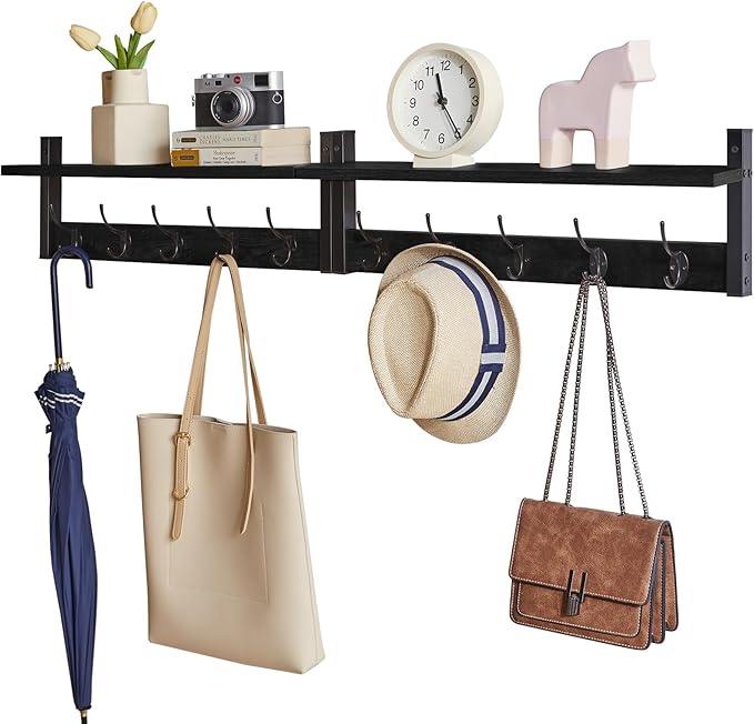 YMYNY Coat Rack Wall Mount with Shelf, 2 Pack 23.6" Coat Hooks Coat Hanger Wall Mount, Wall Hooks for Hanging, Hat Rack for Wall, Towel Hooks for Bathrooms, Black UHWS004B-2