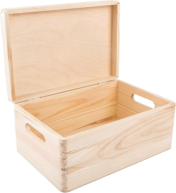 Large Wooden Storage Box with Hinged Lid | 11.8 x 7.87 x 5.51 in (+-0.5) | Plain Unpainted Gift Box with Handles for Tool Toy Shoes Kitchen Clothes Jewelry | Rough & UNSANDED Wood