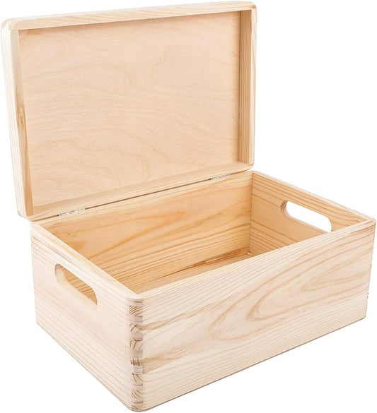 Large Wooden Storage Box with Hinged Lid | 11.8 x 7.87 x 5.51 in (+-0.5) | Plain Unpainted Gift Box with Handles for Tool Toy Shoes Kitchen Clothes Jewelry | Rough & UNSANDED Wood