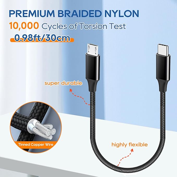 UCEC 3PCS Short USB-C to USB Cable, Braided Type-C Cable, Compatible With: Tablet, Camera, Speaker Phone - Black