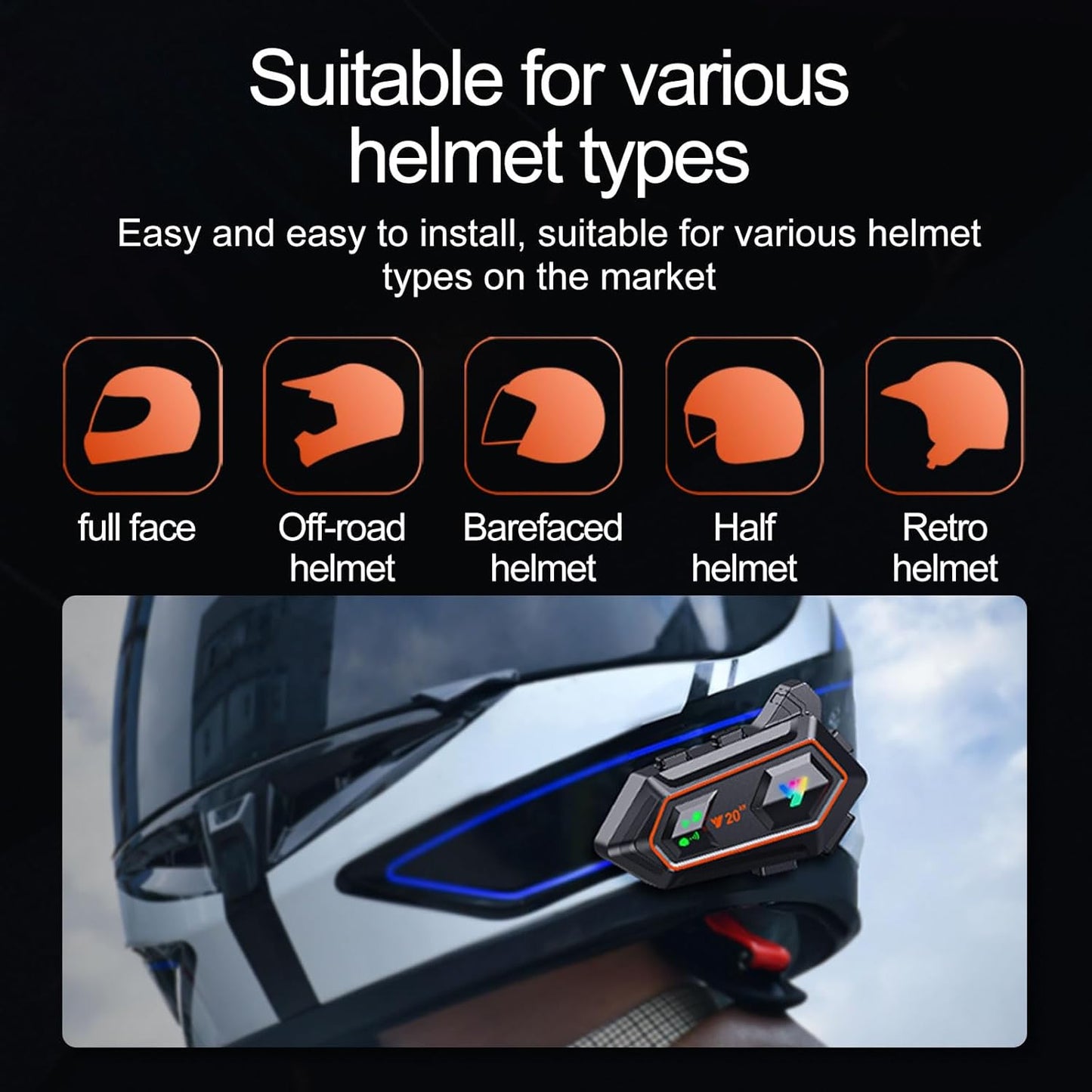 Y20-2X Motorcycle Helmet Bluetooth Headset, Dual 100m Intercom, Bluetooth 5.3, Smart Noise Reduction, IPX6 Waterproof