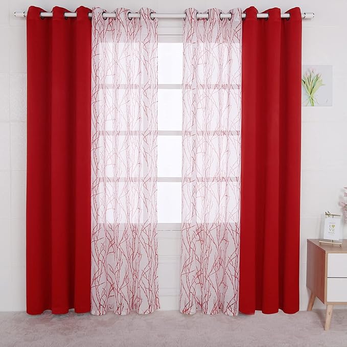 BONZER Mix and Match Curtains - 2 Pieces Branch Print Sheer Curtains and 2 Pieces Blackout Curtains for Bedroom Living Room Grommet Window Drapes, 37x84 Inch/Panel, Red, Set of 4 Panels