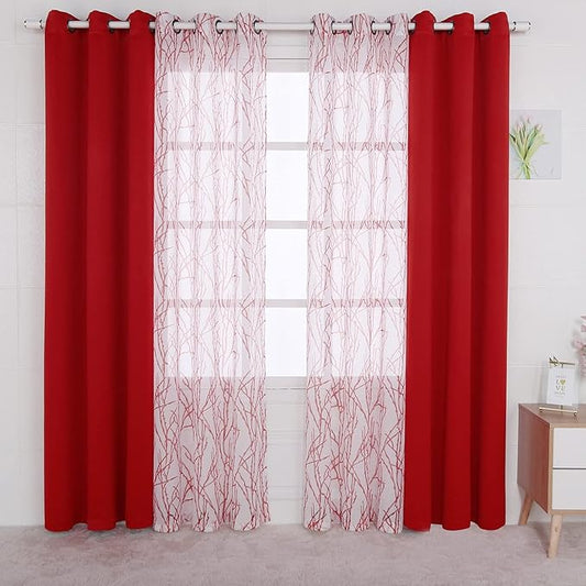 BONZER Mix and Match Curtains - 2 Pieces Branch Print Sheer Curtains and 2 Pieces Blackout Curtains for Bedroom Living Room Grommet Window Drapes, 37x95 Inch/Panel, Red, Set of 4 Panels