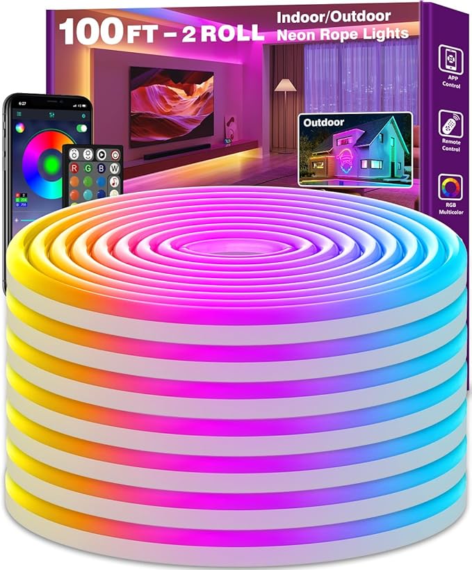 SINLEY Led Neon Rope Lights 100FT,Control with App/Remote,Flexible Led Rope Lights,Multiple Modes,IP68 Outdoor RGB Neon Lights Waterproof,Music Sync Gaming Led Strip Lights for Bedroom Indoor