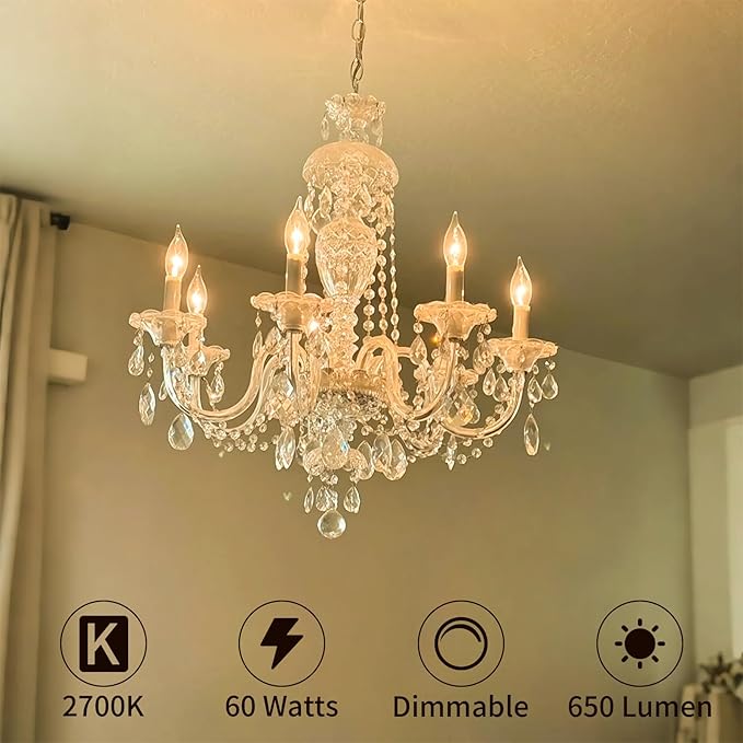 E12 Candle Light Bulbs 60W, Dimmable Warm White 2700K Chandelier Light Bulbs for Ceiling Fan or Pendants, CA10 Clear Candelabra Gold Base Bulbs, 12 Pack