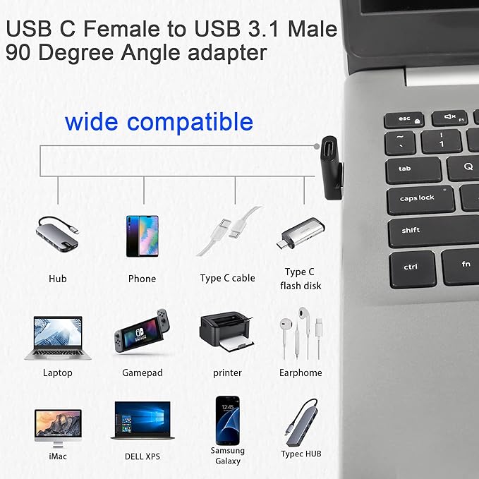 QIANRENON 10Gbps USB 3.1 to USB C 90° Angle Adapter USB A Male to USB C Female L-Shaped Angle Connector, for OTG Data Transfer 3A Charging, for PC Laptop Tablet,2Pcs (Positive Bend/Female up)